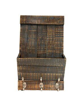 Wall Mount Mail Rack with 3 Metal Hooks Rustic Wooden Distressed Barn Wood Beach